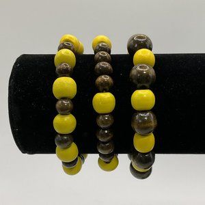 Yellow/Dark Wooden Bead Stretch Bracelets x3